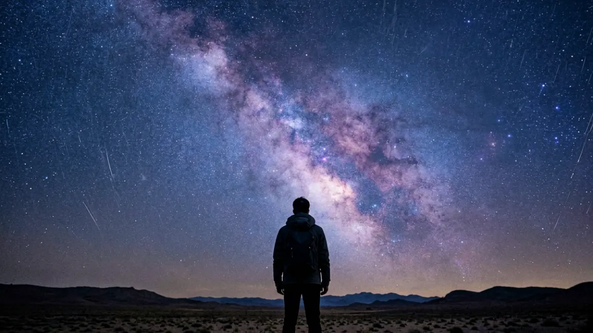 麻花星空mv 的星空主视觉大图，画面中心人物仰望布满星云的夜空，色调深蓝偏紫，极具沉浸感