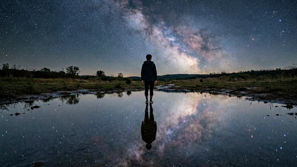 麻花星空mv地面积水倒映星空的经典镜头，人物站立其中呈现出虚实叠合的唯美构图