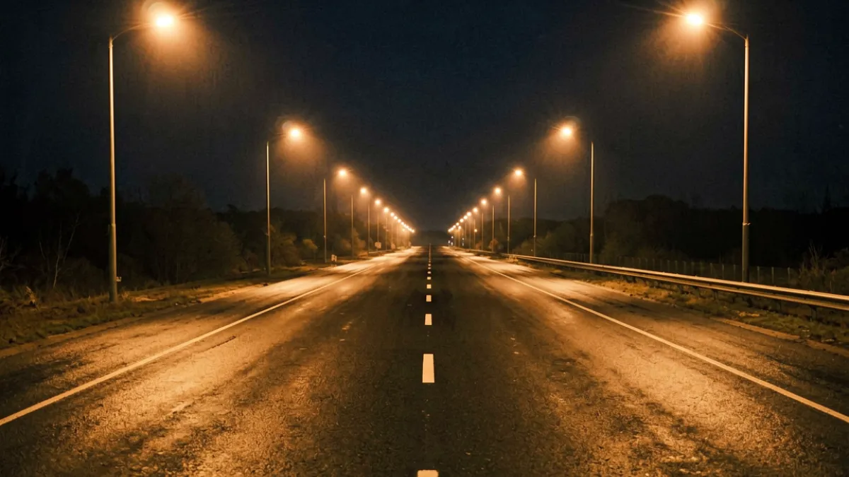 麻花星空mv郊外公路场景全景镜头：空旷无车的公路在夜色中延伸，两侧路灯晕染橙黄光晕