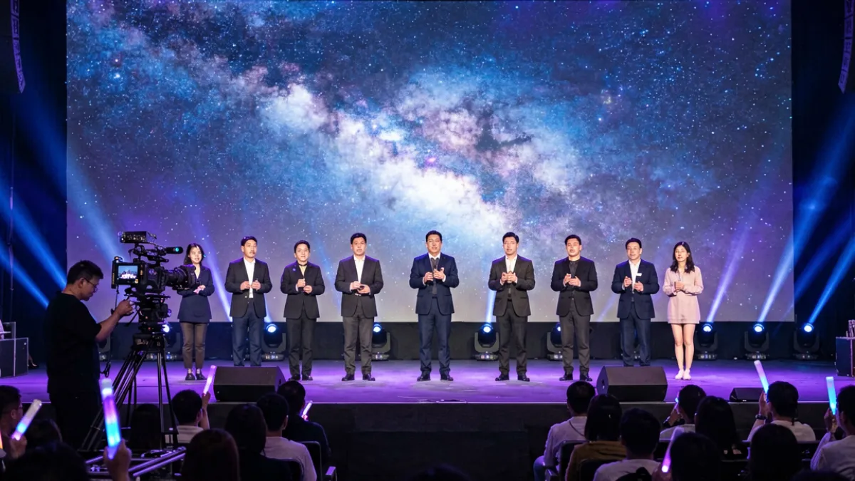 麻花星空mv发布现场，舞台灯光璀璨，演员在星空布景前完成拍摄