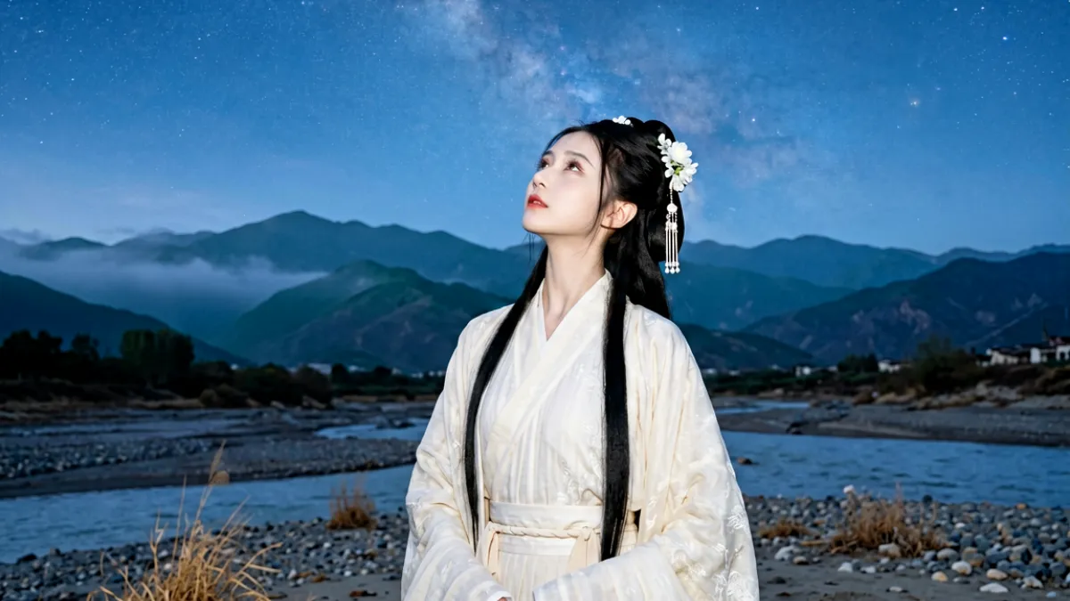 国风MV拍摄现场，演员身着汉服站在旷野中，头顶布满星河的夜空延伸至地平线