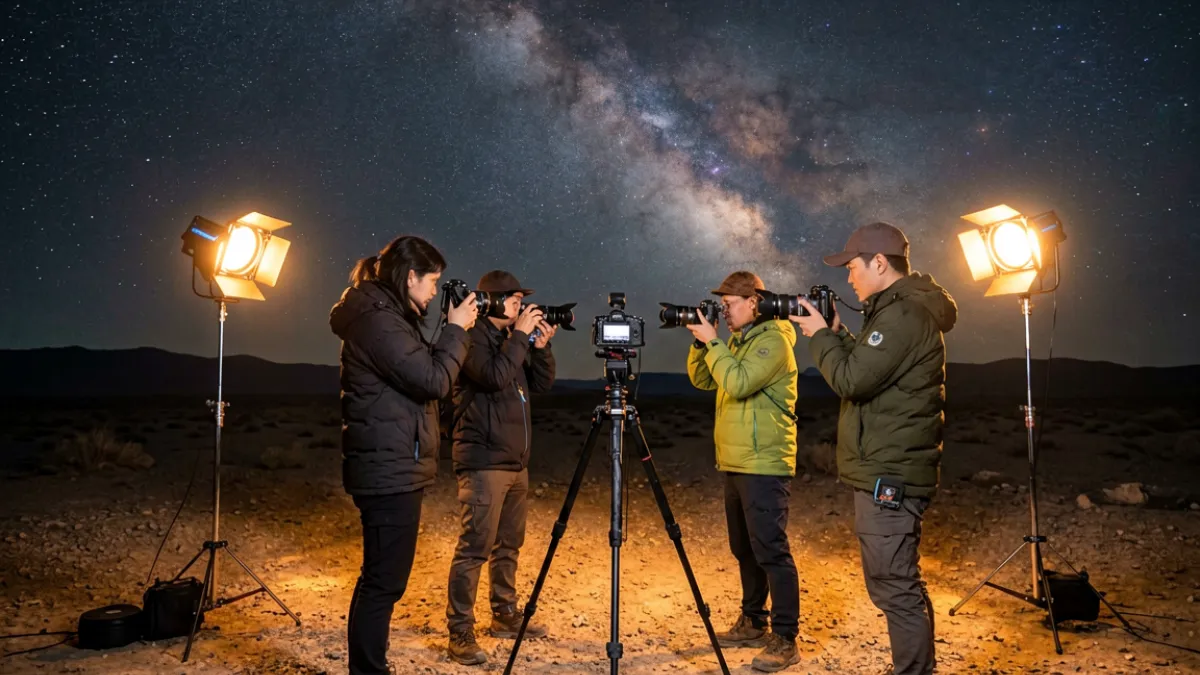 麻花星空mv - 专业摄影团队在无光污染荒野架设相机拍摄银河，周围散布着多盏拍摄辅助灯光